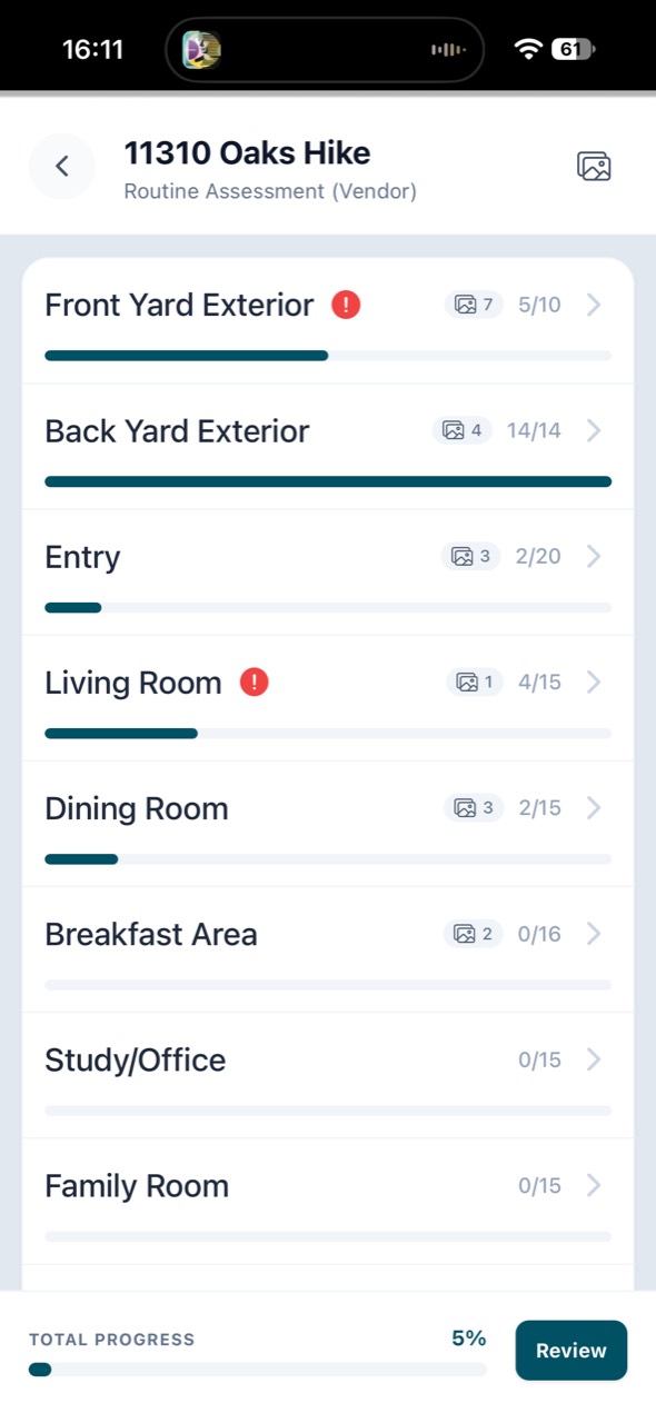 Birdrockres assessment listing property areas with photo counts, progress bars and attention indicators.