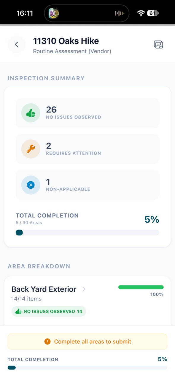 Birdrockres inspection summary showing condition counts, total completion and an area breakdown.
